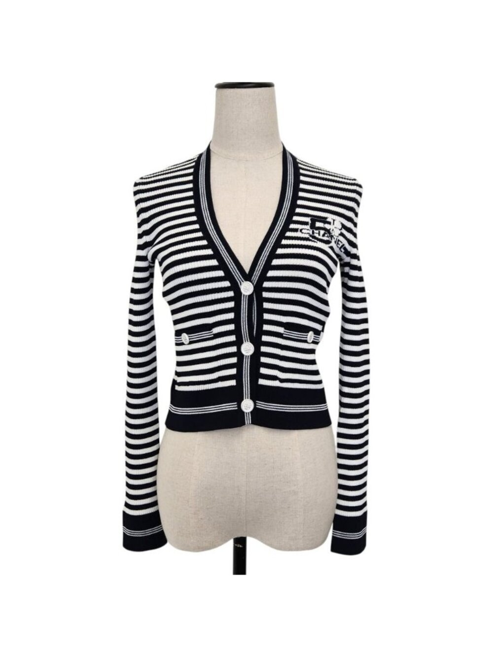 Chanel Marine Stripe Knit Cardigan Navy White